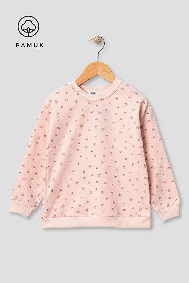 Детские свитшот для девочек с принтом Girl'S Crispy Floral Patterned Seasonal Oversize Top Sweatshirt Difa Kids, Pink