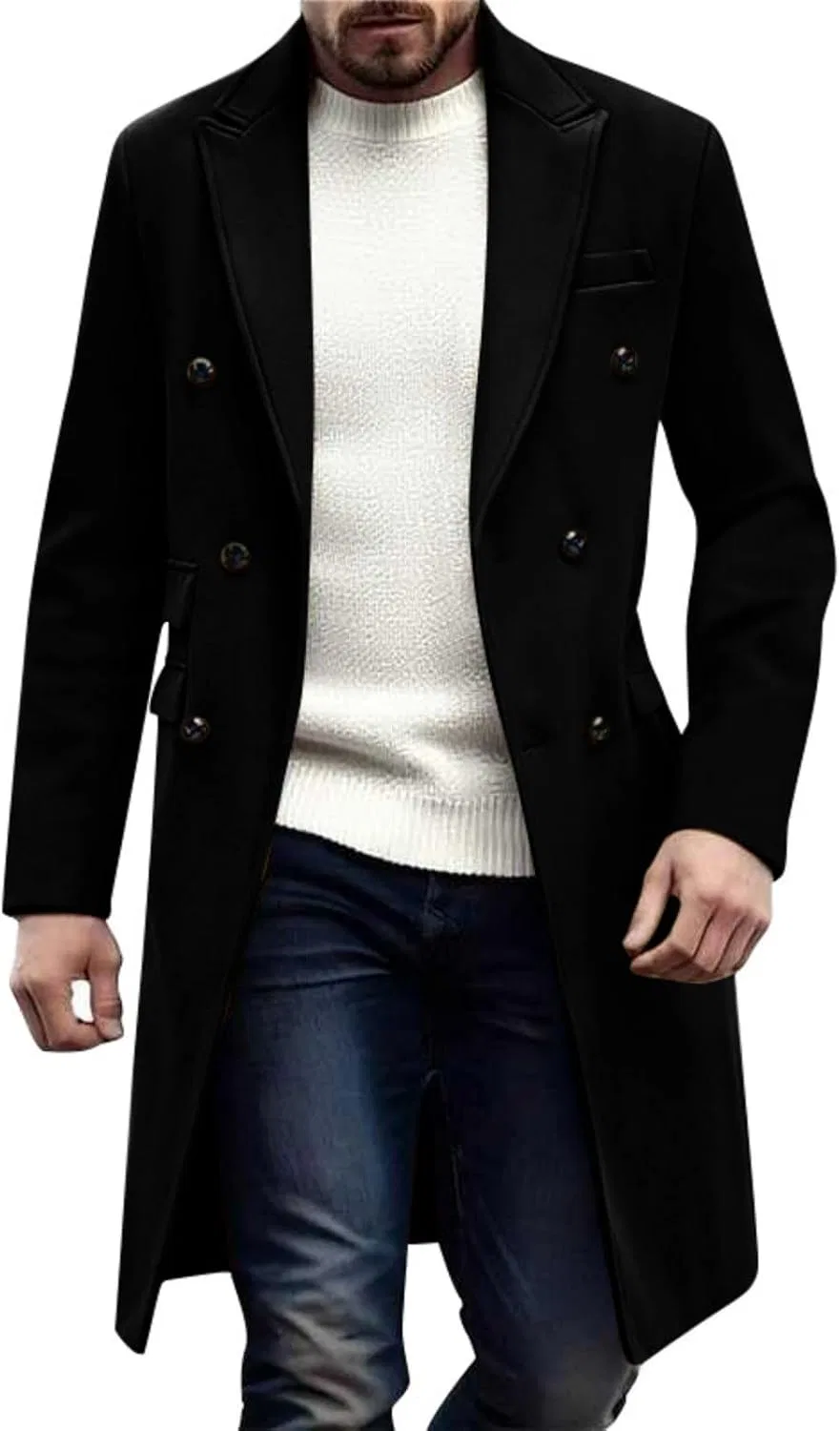 Мужское двубортное пальто из шерстяной смеси, Pea Coat, чёрный