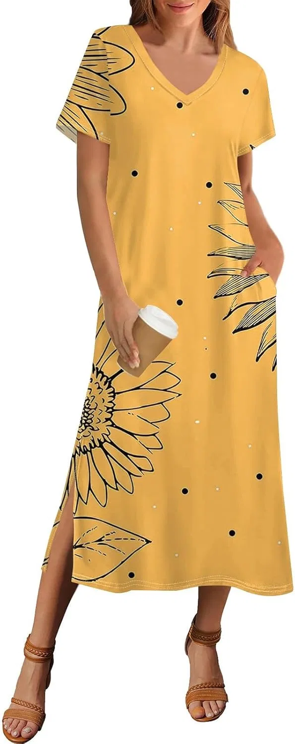 Летнее платье с разрезом Loose T Shirt Dress, Yellow