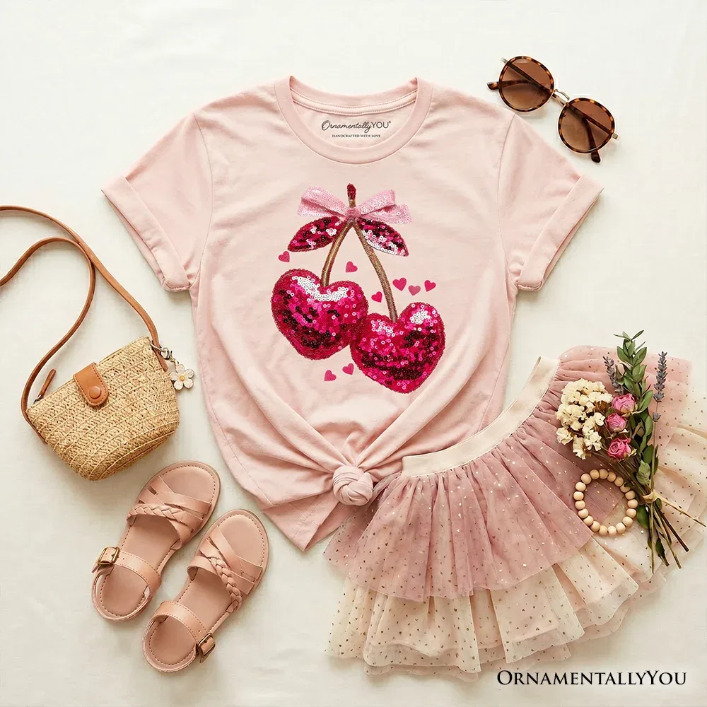 Детская футболка для девочек с принтом Cute Cherry Heart Kids T-Shirt Love Graphic Tee OrnamentallyYou, Light Pink