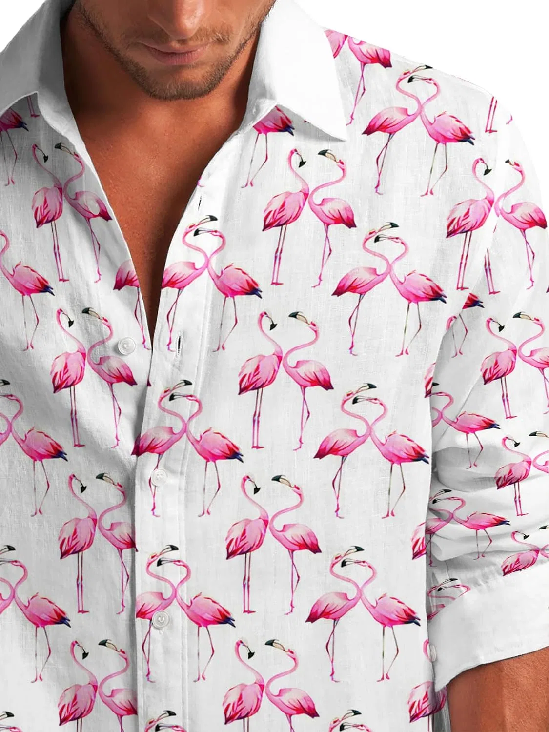 Мужская гавайская рубашка с длинным рукавом, модель Flamingo, белый — фото 4