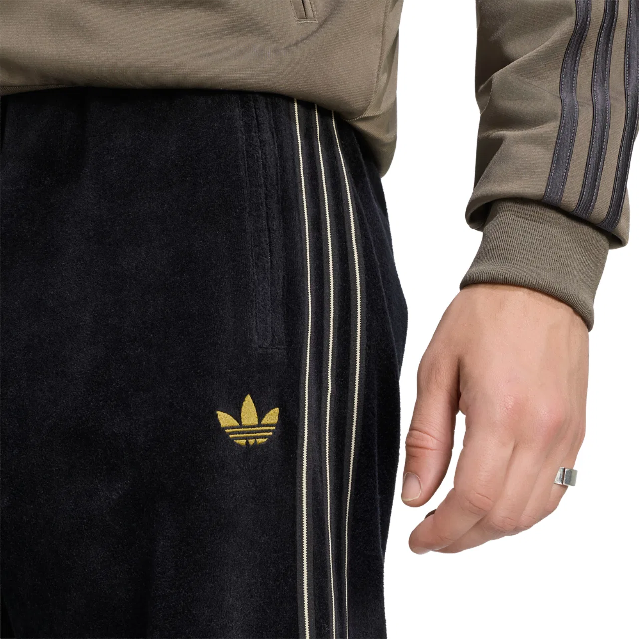 Мужские спортивные штаны из велюра Adidas Originals Firebird, Khaki/Black — фото 3