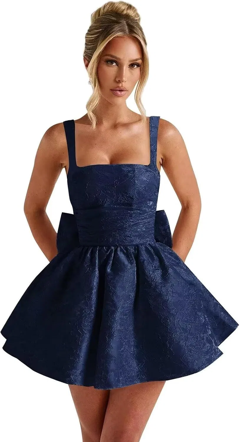 Женское атласное платье A-силуэта с бантом, Navy Blue