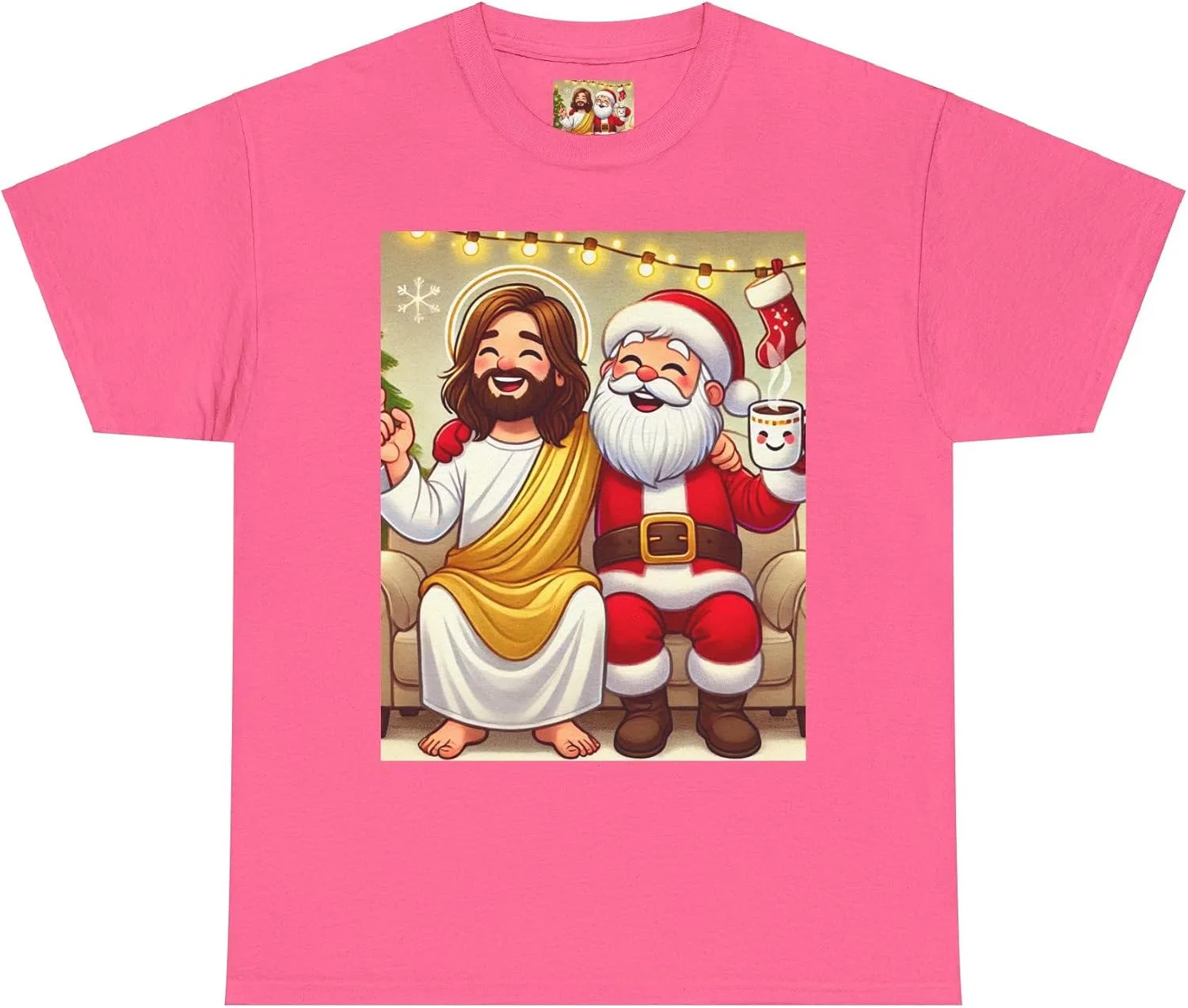 Женская футболка с принтом Funny Santa Jesus Hanging Out Cartoon Tee, Safety Pink