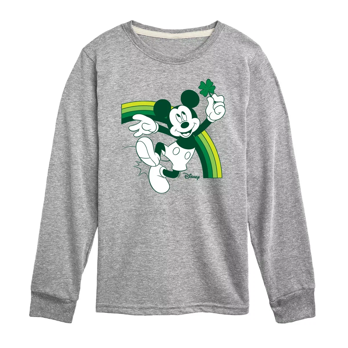 Детская футболка с длинным рукавом с принтом Mickey Green Rainbow Disney, Athletic Heather