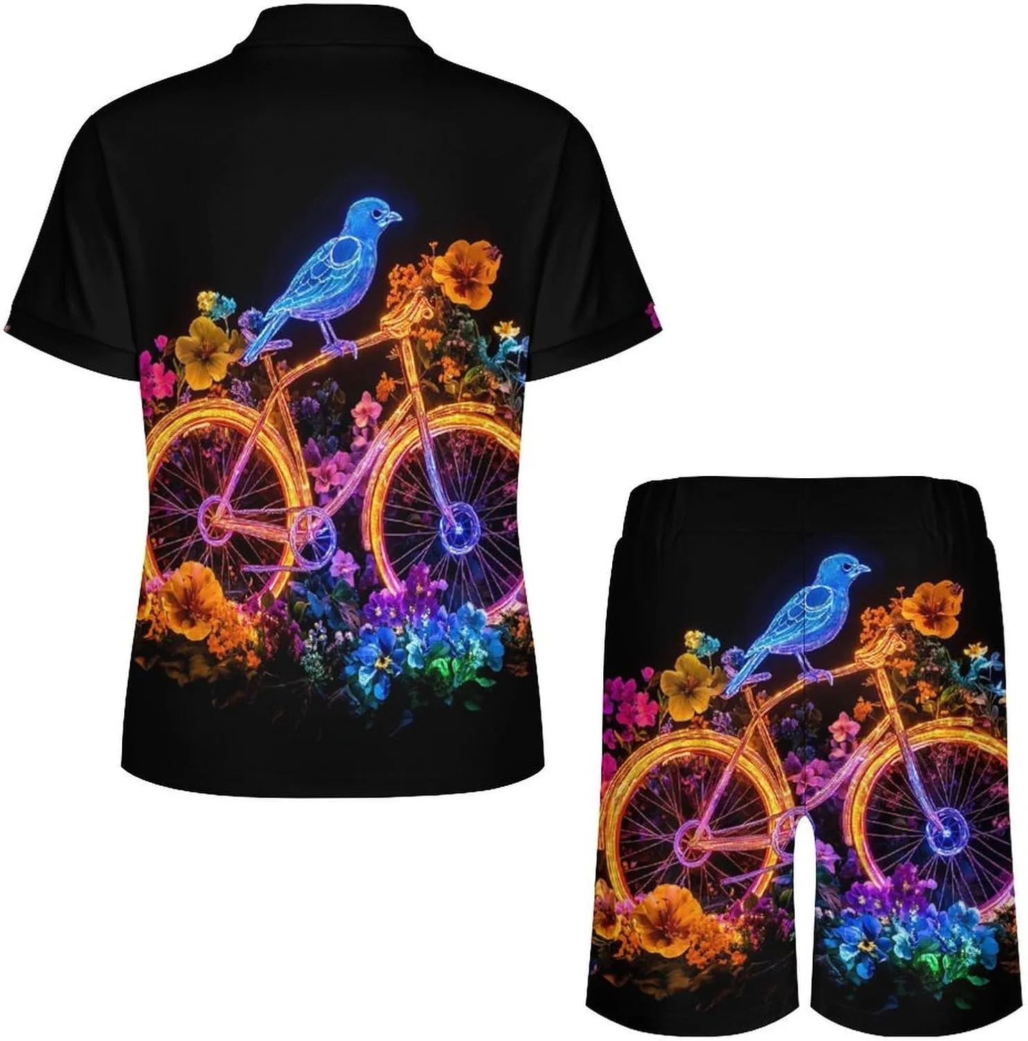 Мужской спортивный костюм с принтом Flower Bike Blue Bird, поло и шорты, стиль — фото 4