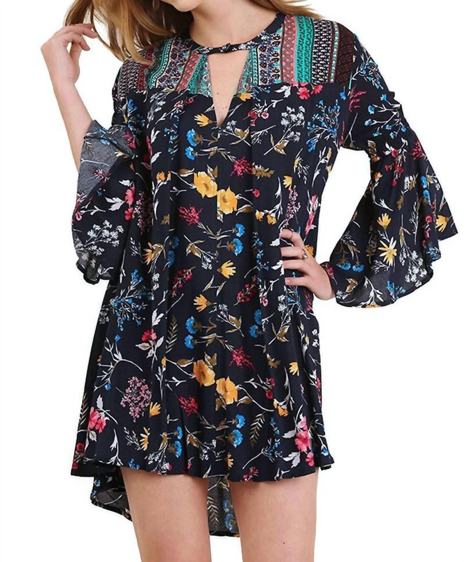 

Umgee Платье с цветочным принтом и рукавами-колоколами, темно-синего цвета