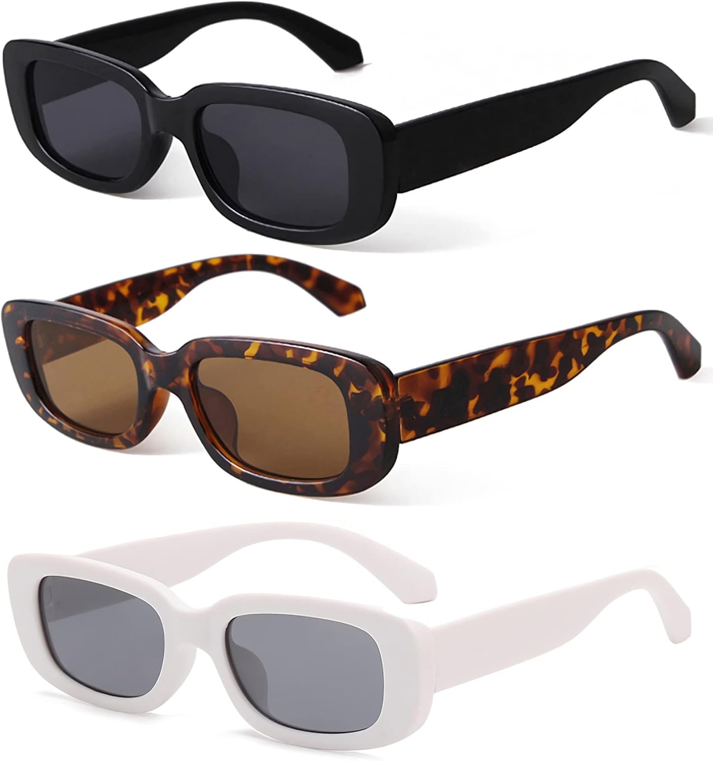 

Солнцезащитные очки KUGUAOK в стиле ретро, ​​прямоугольные, для женщин и мужчин, винтажные, маленькие квадратные, с защитой от УФ-излучения, 3 Pack Black+leopard+white