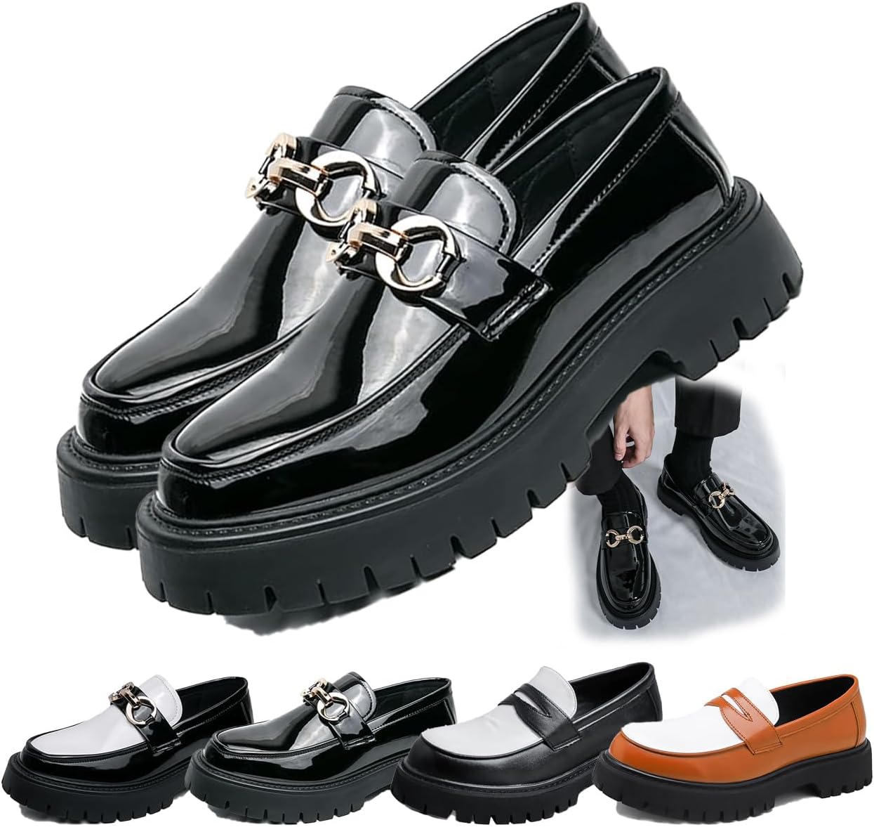 

Мужские лоферы на платформе из лаковой кожи, без шнурков, с металлическим декором, стильные деловые и повседневные туфли Generic, черный