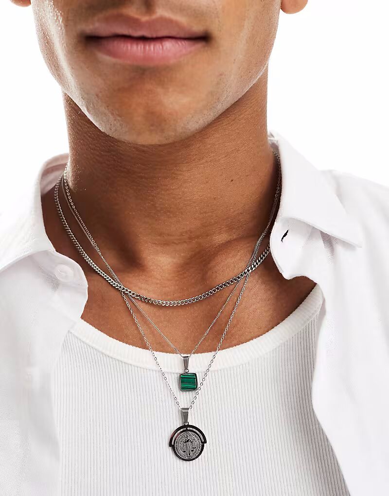 

Набор из трех серебряных водонепроницаемых подвесок из нержавеющей стали Asos Design