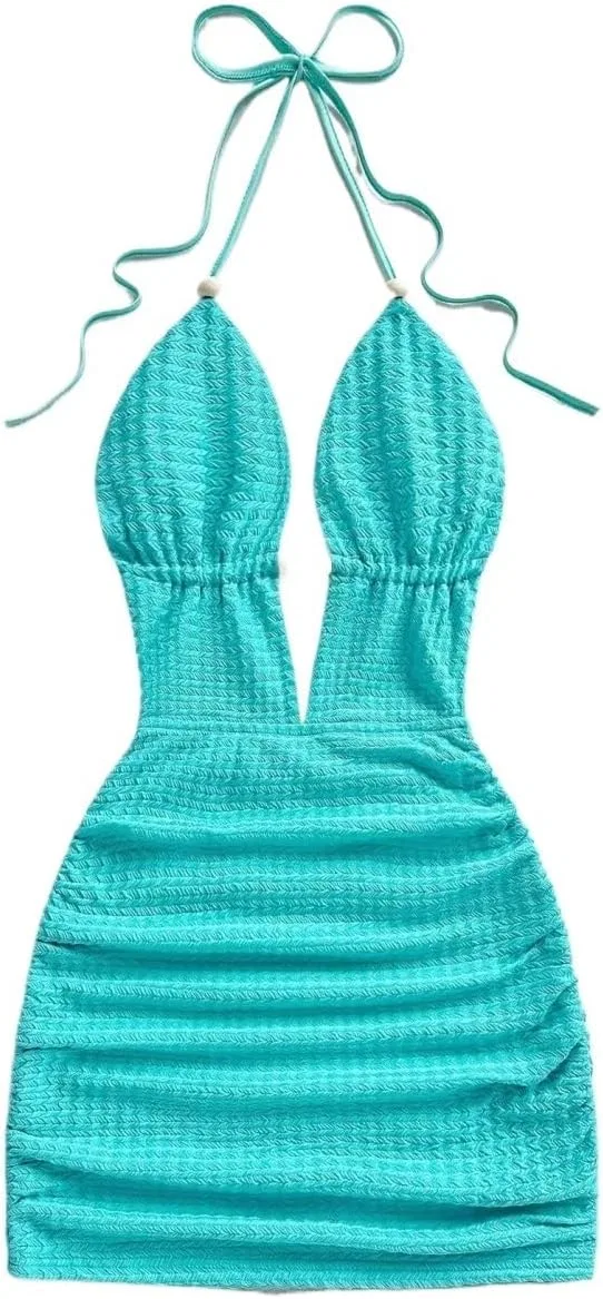Женское мини-платье с глубоким V-вырезом на тонких бретелях Yuchenda, Teal Blue