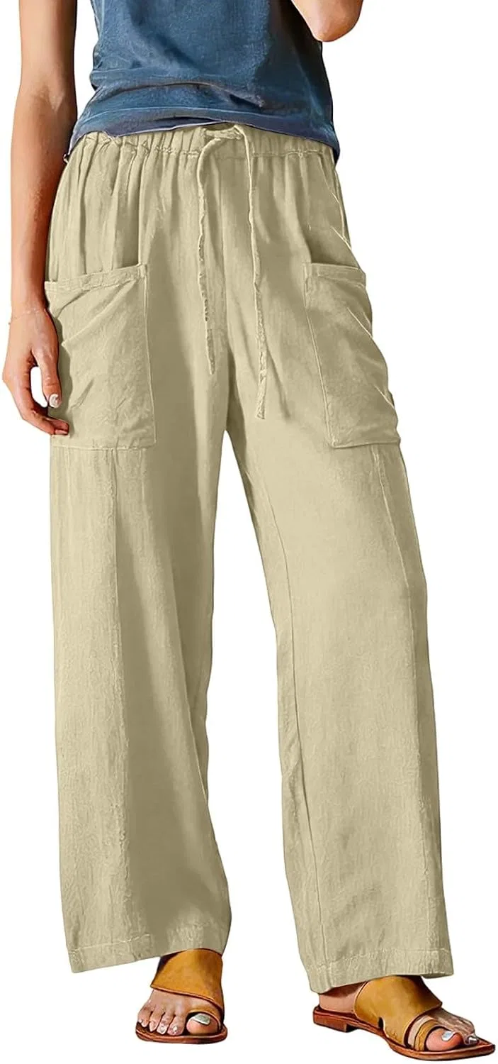 Женские широкие льняные брюки с высокой талией, Khaki — фото 4