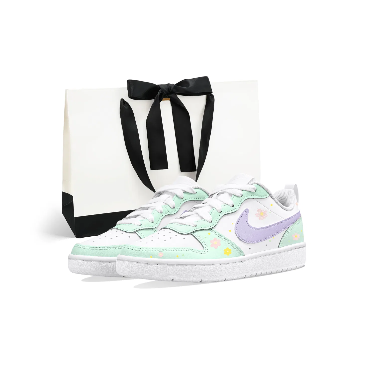 Детские кеды для скейтбординга с цветочным принтом Nike Court Borough, White Green (Floral Mint)