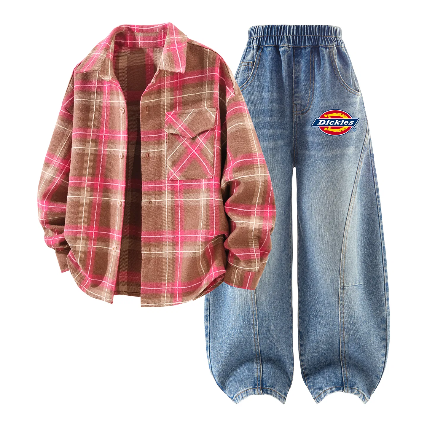 Детский спортивный комплект с принтом Dickies, Solid Color Rose Pink Grid+Thick K Denim Light Blue