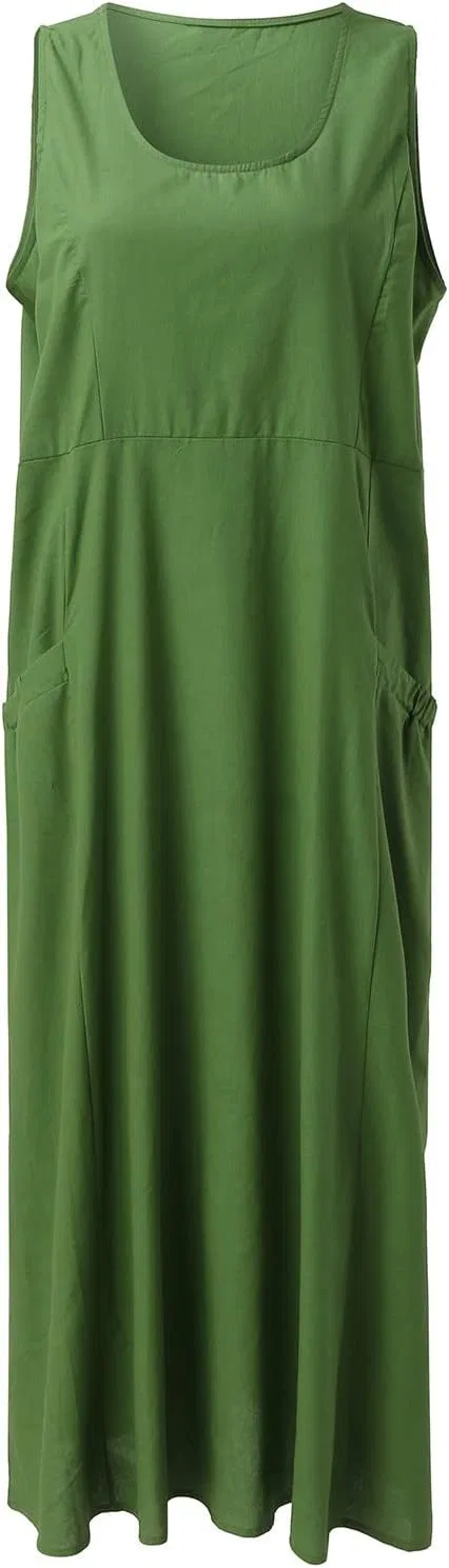 Женское повседневное длинное платье из хлопка и льна с карманами Generic, Green — фото 4
