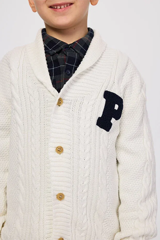 Детский кардиган с пуговицами, с длинным рукавом, однотонный, Boy'S Buttoned Letter Detailed Ecru Cardigan Panço, 018-Ekru — фото 2