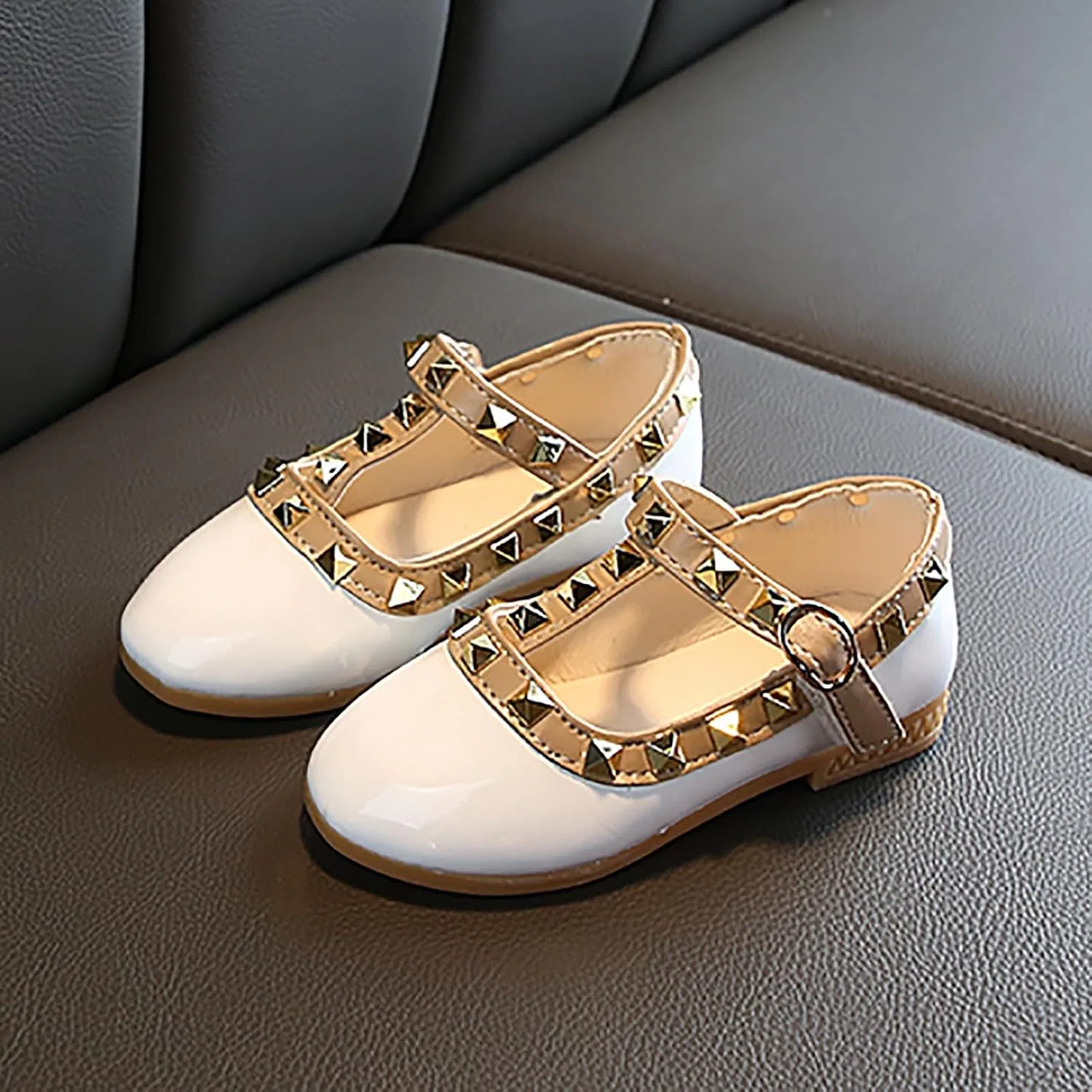 Детские туфли для девочек с блестками Mary Jane Flat Low Heel Princess Dress Shoes, White — фото 4