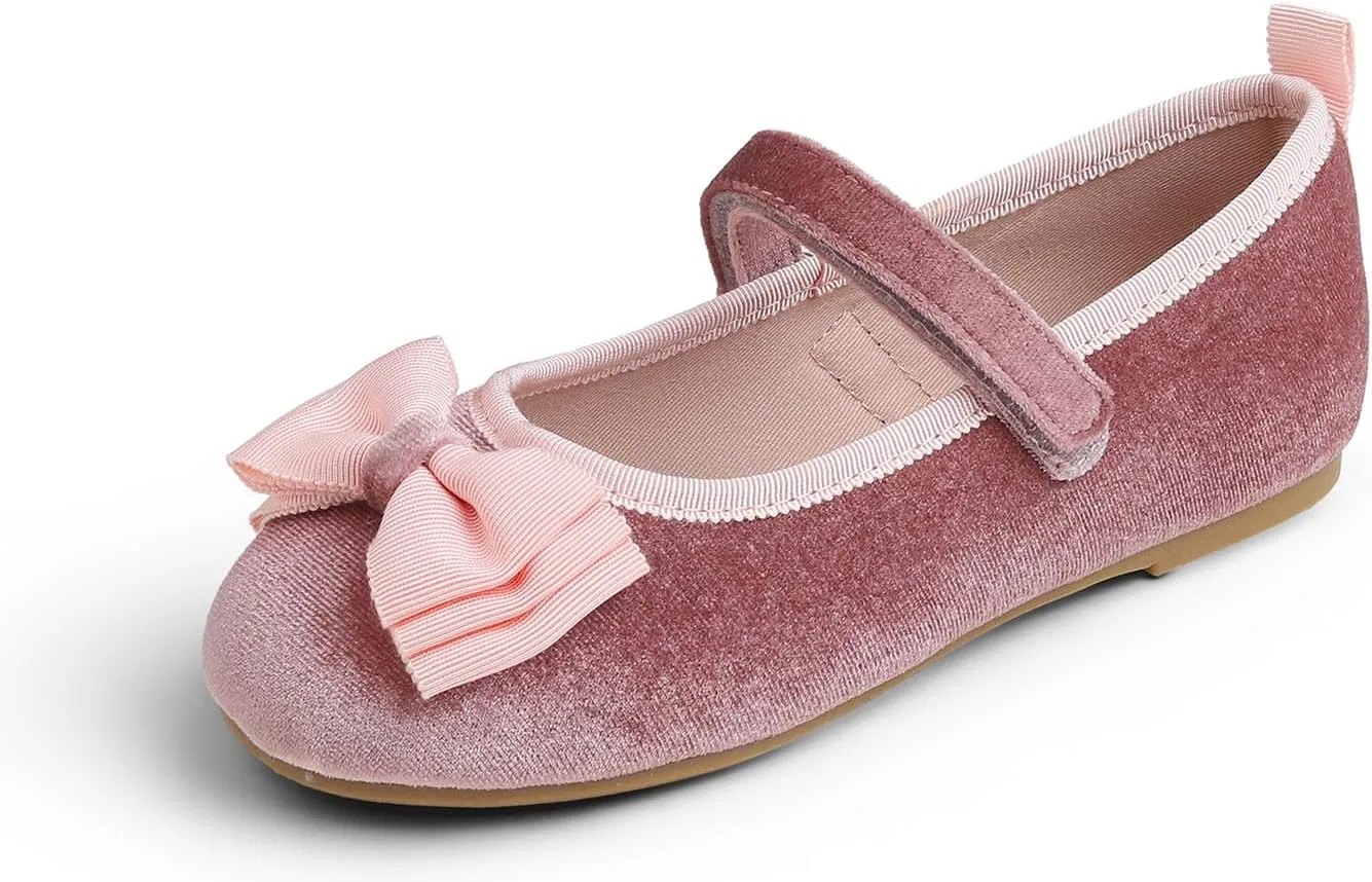 Детские балетки для девочек с бантом FEVERSOLE, Pink Velvet Tri-Bow Maryjane