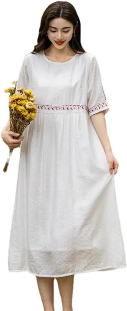 Женское свободное платье A-силуэта с вышивкой, White