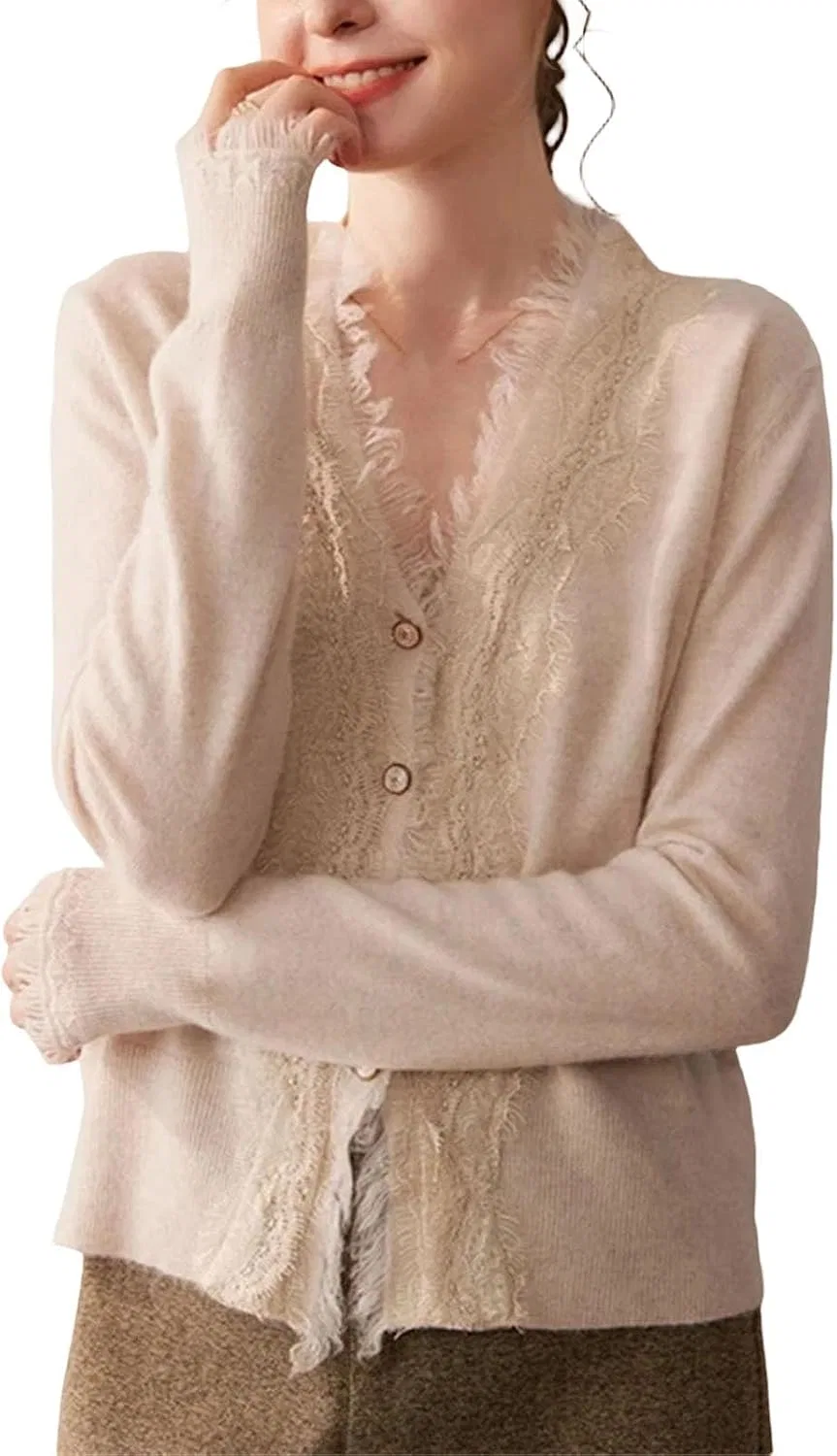 Женский кардиган с V-образным вырезом, с длинным рукавом, Lace Knitted Sweater, светлый кэмел