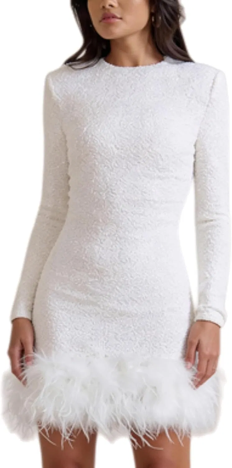 Женское платье с пайетками и перьями, White