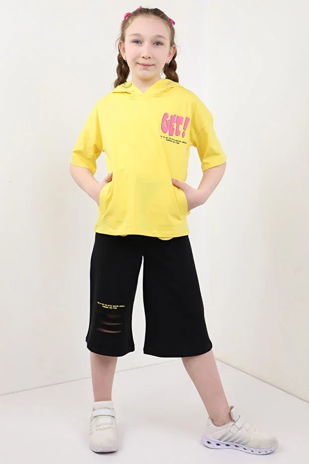 Детский комплект для девочек с принтом Bring the girl's chest! printed hooded capri set Toontoy, Dark Yellow