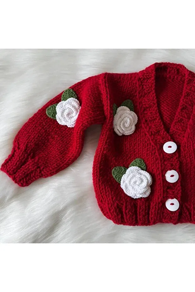Детский кардиган с цветочным принтом Rose Motif Hand Knitted Baby Home, Red — фото 2