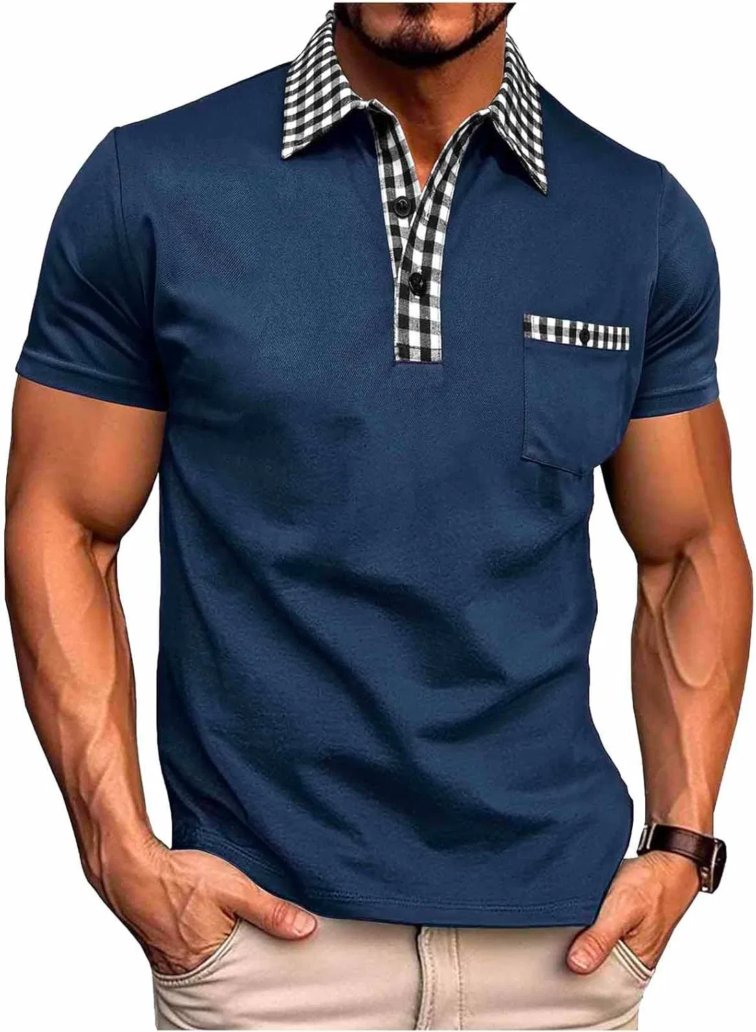Мужская футболка с воротником свободного кроя Plaid, Navy