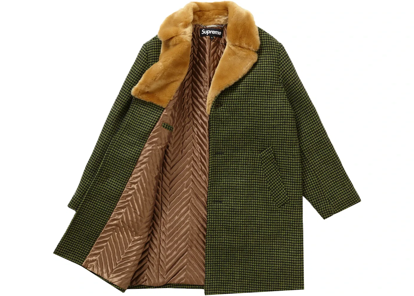 Мужское пальто с меховым воротником Supreme Fur Collar Car Coat, цвет Green Houndstooth — фото 2