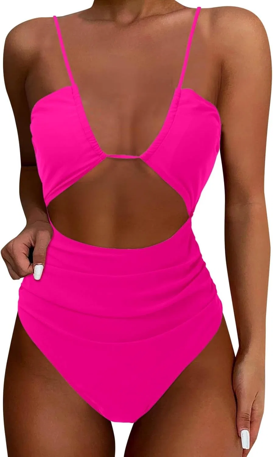 Женский слитный купальник с утяжкой живота V-образным вырезом Hot Pink
