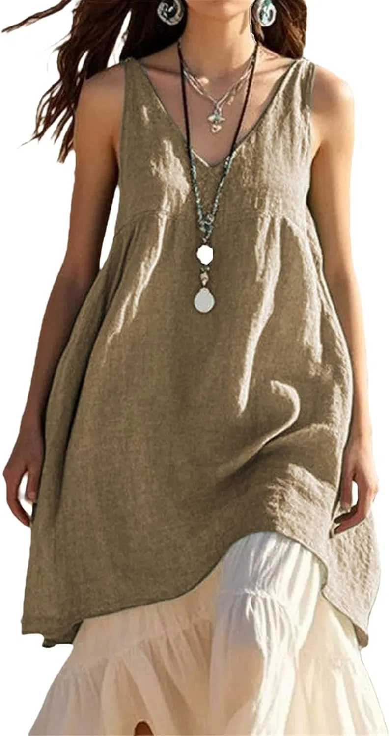 Женское летнее платье миди A-силуэта Cotton Linen, Khaki