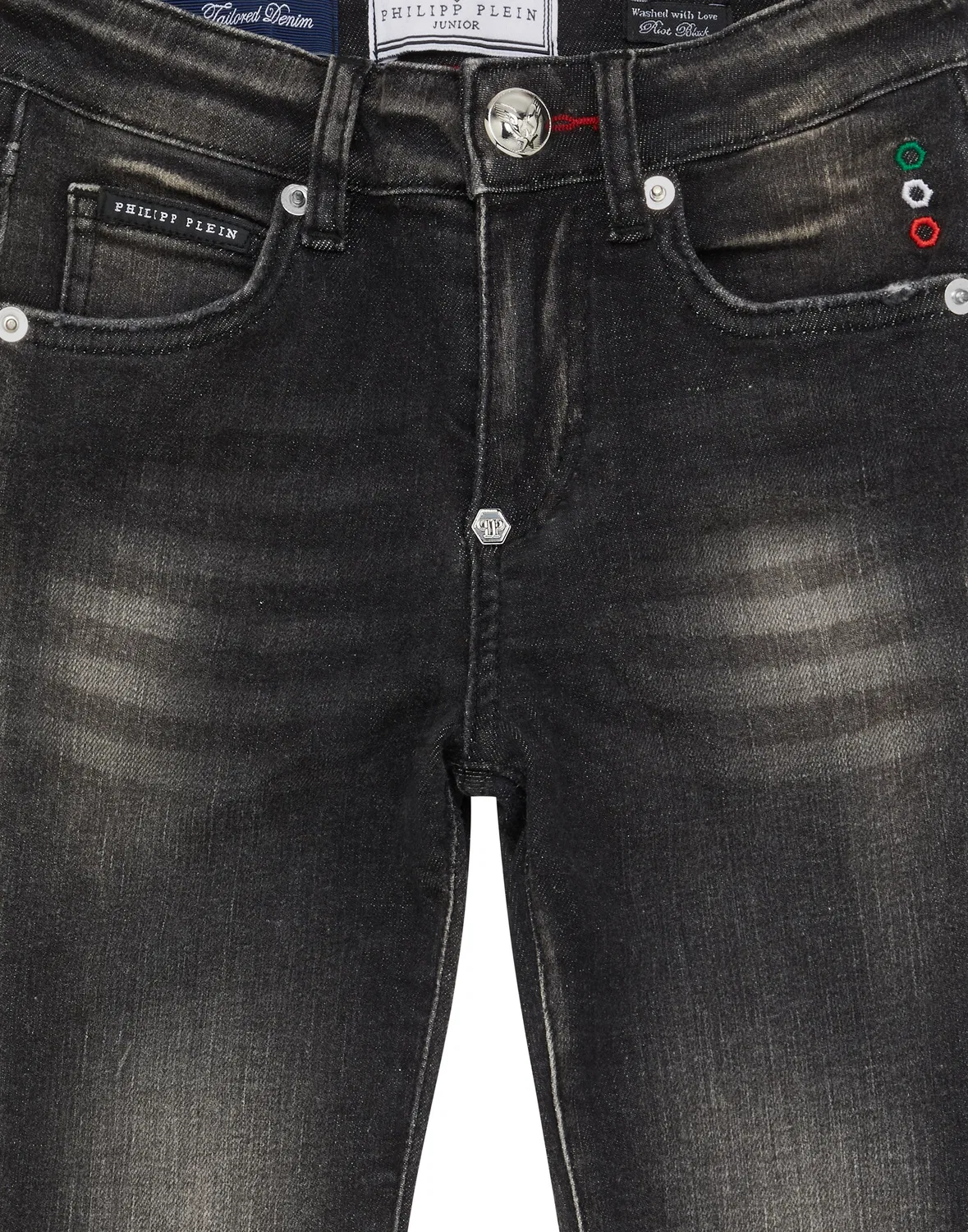 Детские джинсы зауженные с эффектом потертости Italic Plein PHILIPP PLEIN, Riotblack — фото 3