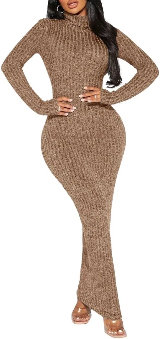 Женское облегающее платье макси с высоким воротом Bodycon, Mocha Brown