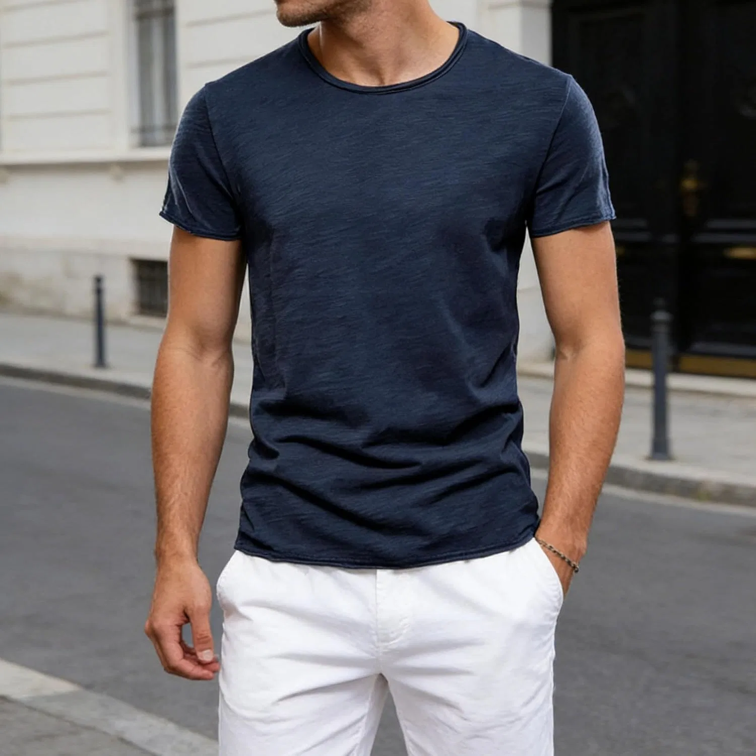 Мужская футболка с V-образным вырезом из смесового хлопка, Navy Blue — фото 2