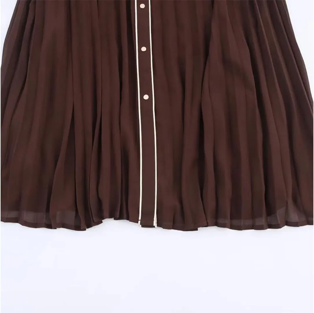 Женское плиссированное платье миди с поясом из шифона, Brown — фото 4