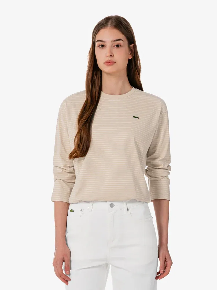 Футболка LACOSTE TF932E-56G Beige в полоску с длинным рукавом