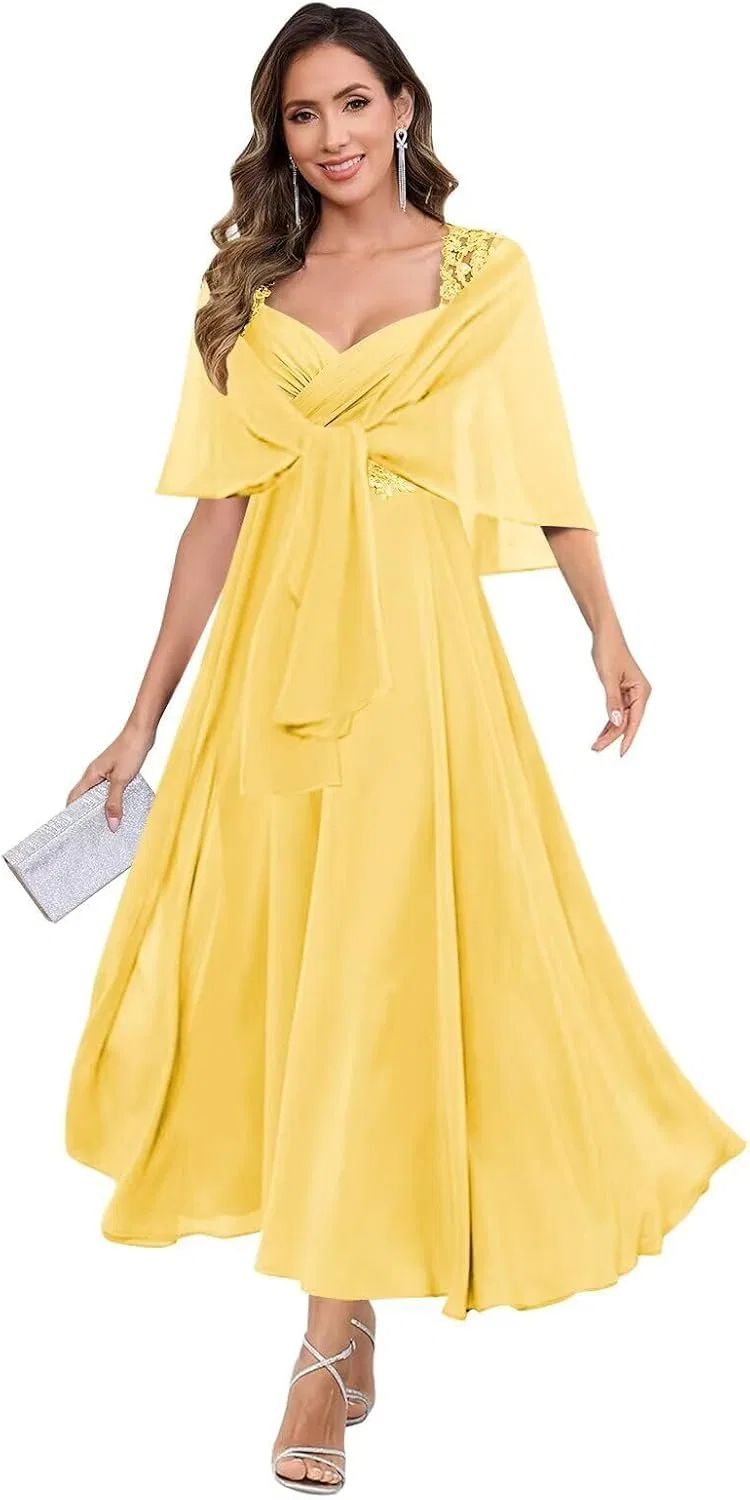 Женское вечернее платье с шалью V-образным вырезом, Ankle Length, Yellow