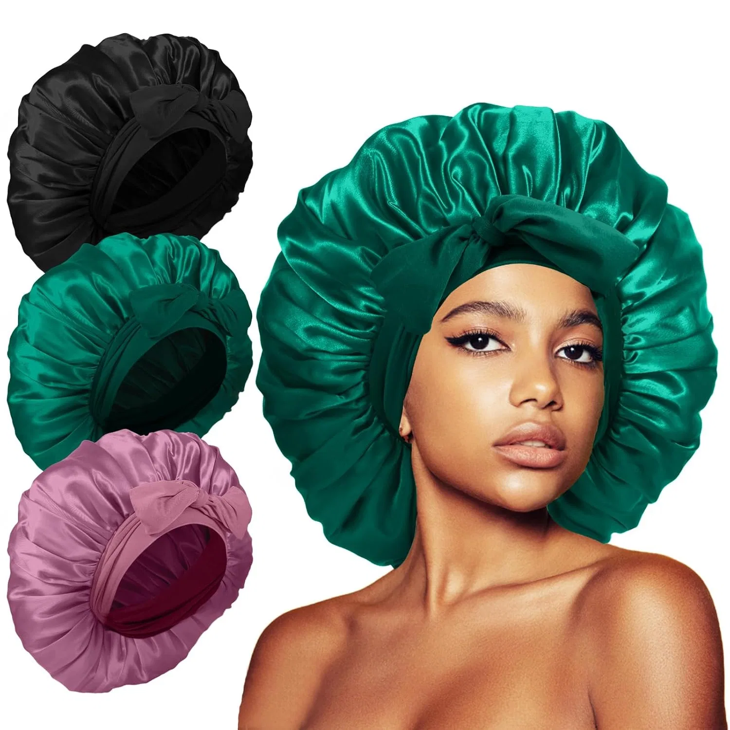 Шелковая шапочка для душа, Jumbo Satin Bonnet, Kafteri, набор 3 шт, 16.5 Inch, Black + Green + Pink