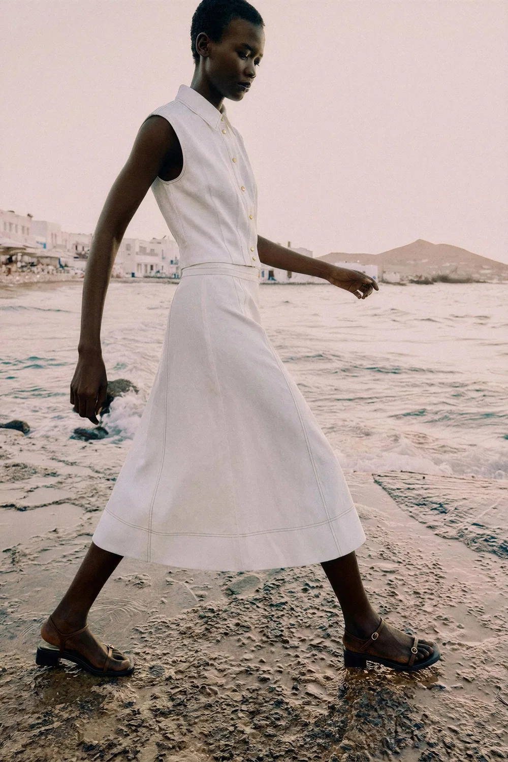 Юбка с запахом из льняной отстрочки ZARA, White