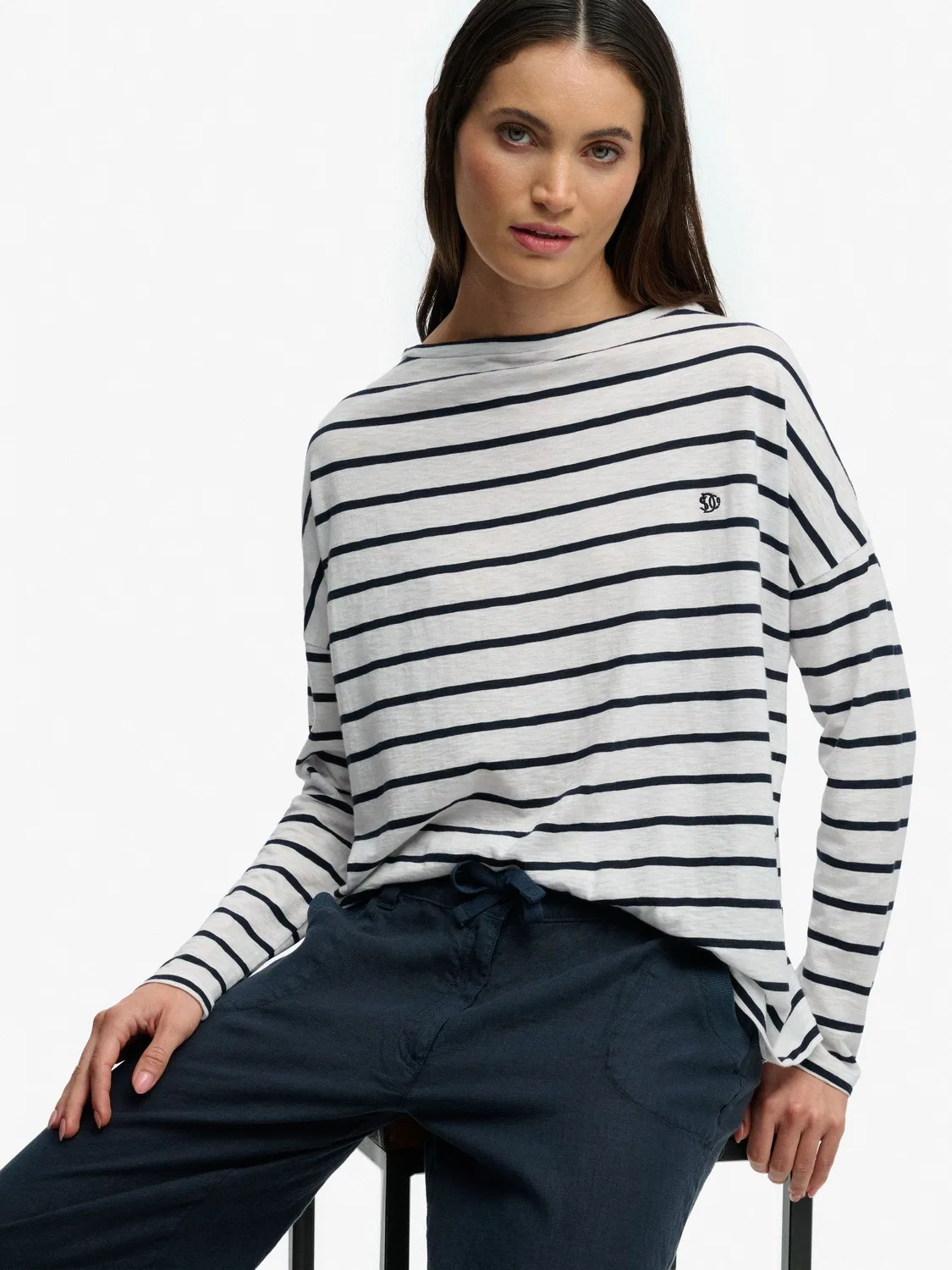 Топ с логотипом Superdry, Boat Neck, White Stripe