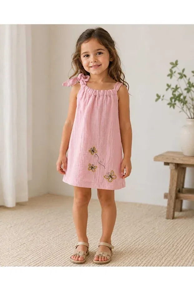 Детское платье для девочек хлопковое Butterfly Embroidered Summer Muslin Kidsense, Dark Pink