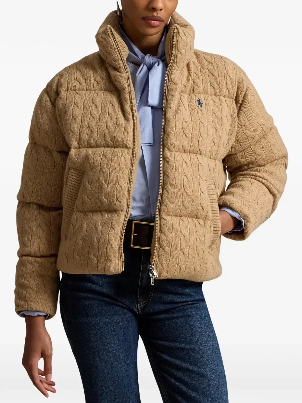 Стеганый пуховик фактурной вязки Polo Ralph Lauren, коричневый — фото 3