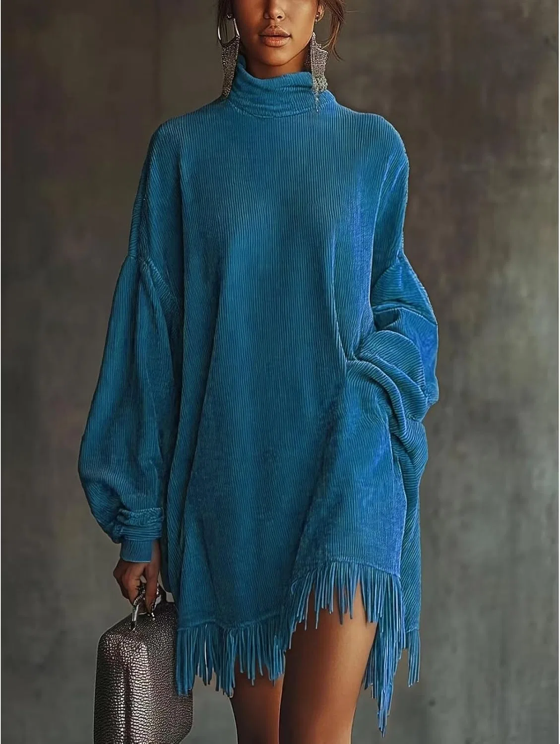 Женское платье мини с бахромой из вельвета Corduroy Dress, Blue — фото 4