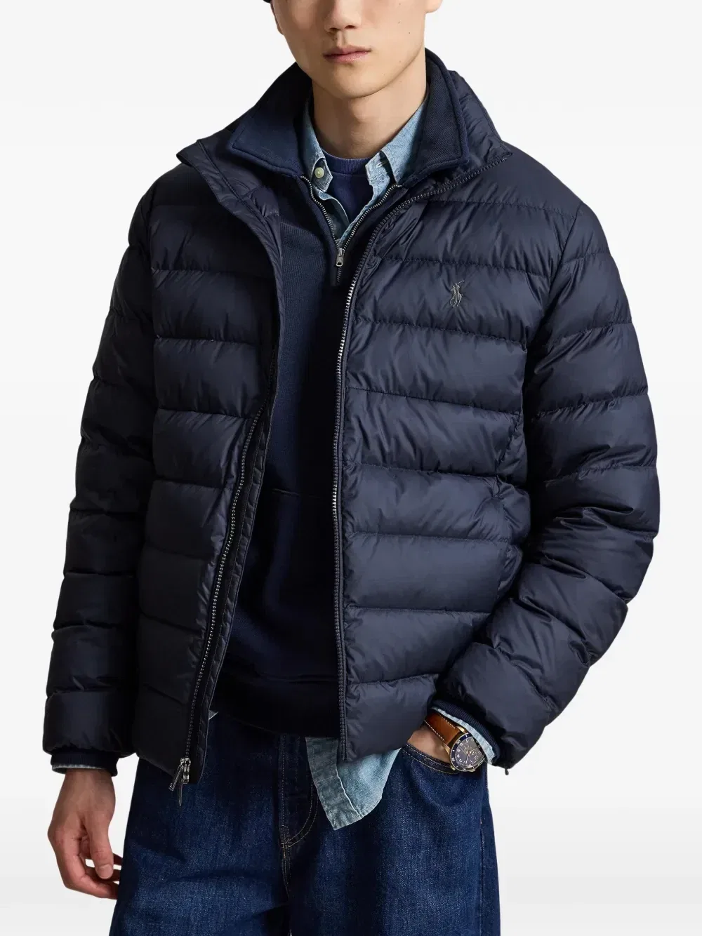 Стеганый пуховик с высоким ворником Polo Ralph Lauren, синий — фото 3