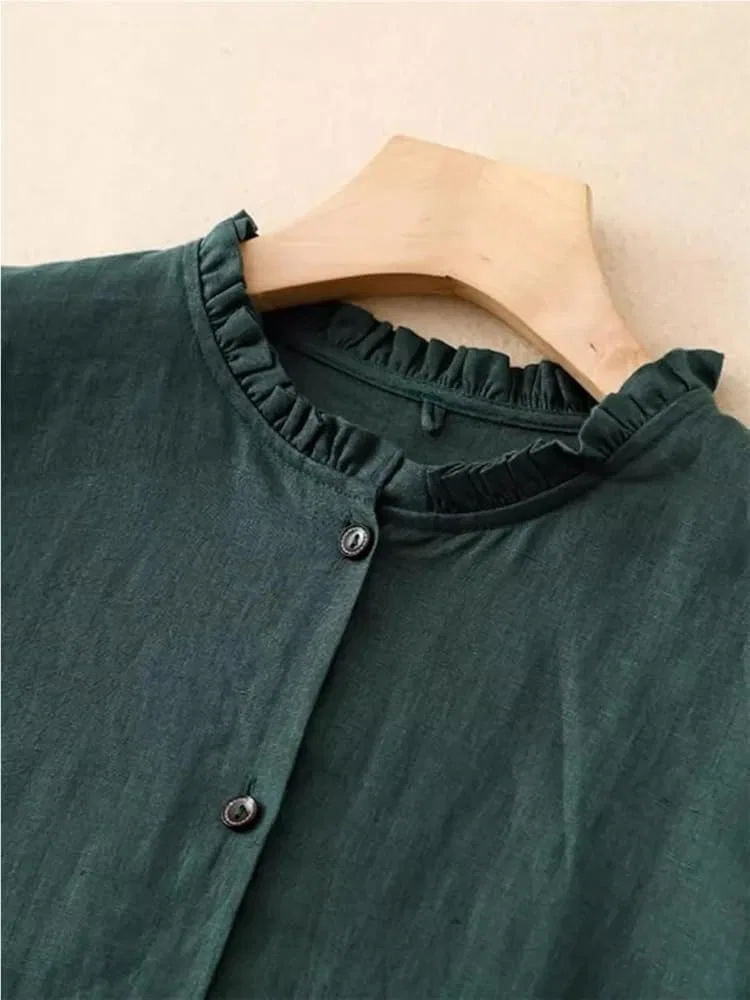 Женское платье-трапеция с рюшами Vintage Ruffled Stand Collar, зелёный — фото 2