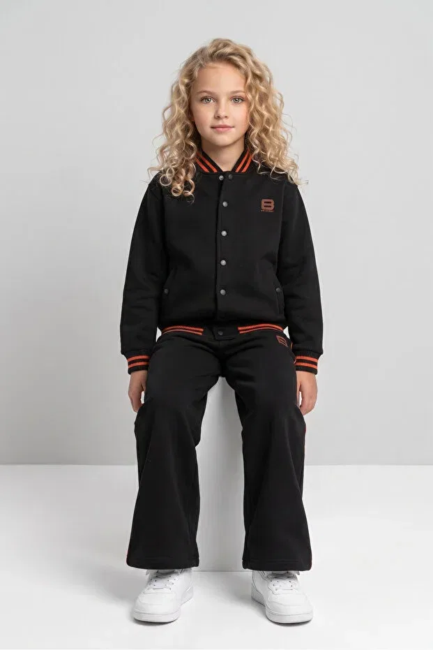 Детский комплект для девочек с воротником-бомбер College Collar Wide Leg Tracksuit Set Black One, Black — фото 2