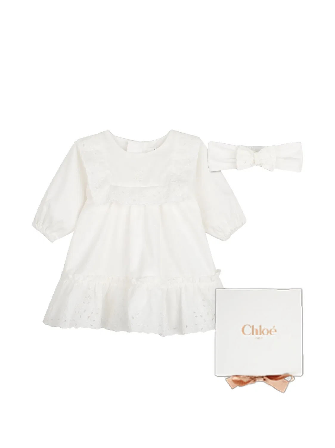 Комплект из платья и повязки на голову с цветочной вышивкой Chloé Kids, белый