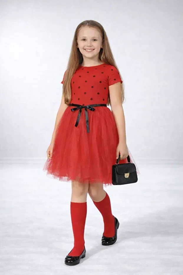 Детское платье для девочек из тюля с принтом горошек Polka Dot Girl's Short Sleeve Tulle Dress Neocotton, Short Sleeve-Red