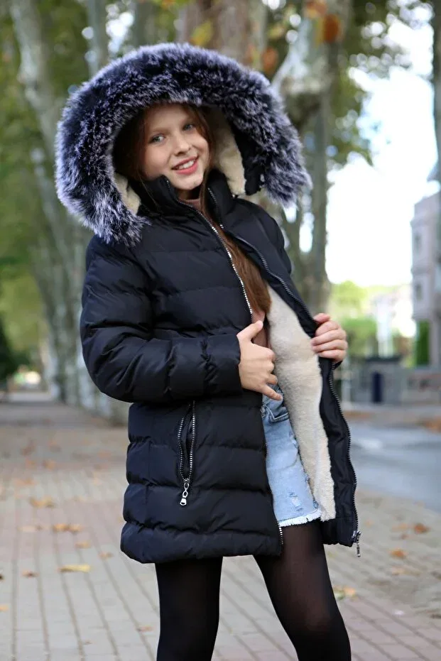 Детское пальто для девочек с принтом Extra Soft Filling Silver Zippered Plush Hooded Faux Fur Coat Inside Transacoustic, Black
