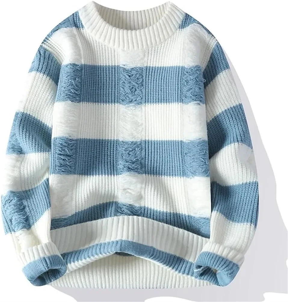 Мужской полосатый вязаный свитер Crewneck Slim Fit утепленный повседневный пуловер с рваным дизайном в стиле хип-хоп Generic, хаки — фото 2
